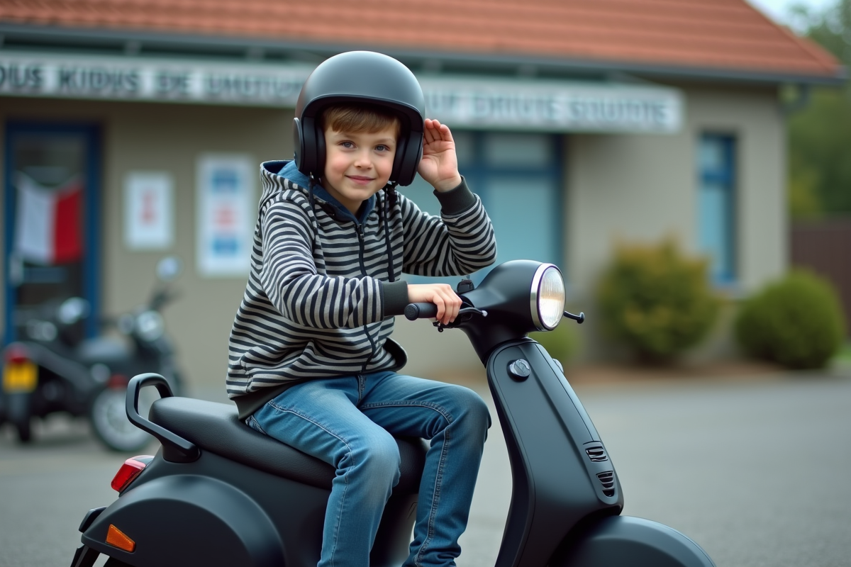 Ado ajustant son casque devant une école de conduite