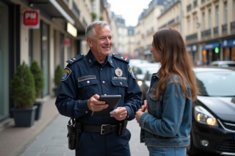 Agent ASVP en uniforme dans une rue urbaine animée