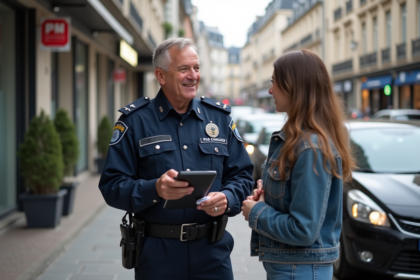 Agent ASVP en uniforme dans une rue urbaine animée