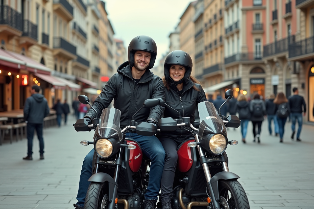 Deux amis en équipement urbain sur moto en ville