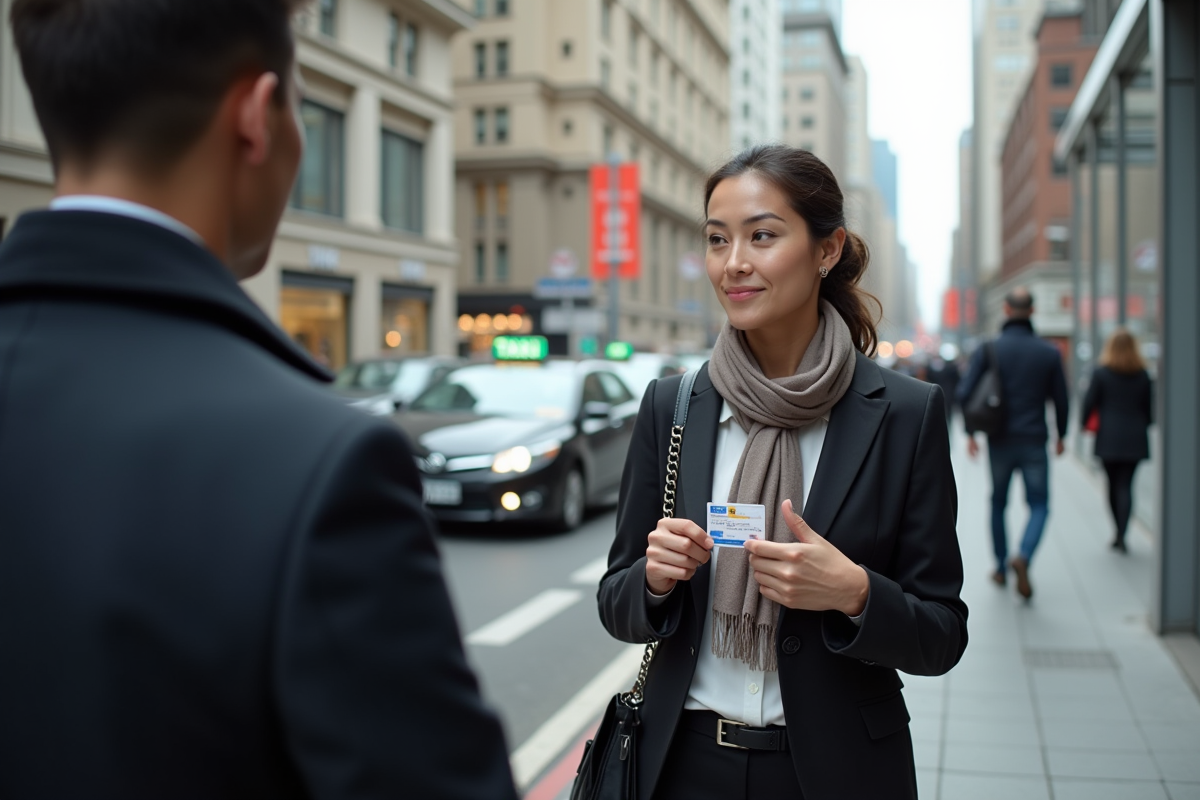 Femme taxi montrant ses papiers à un passager en ville