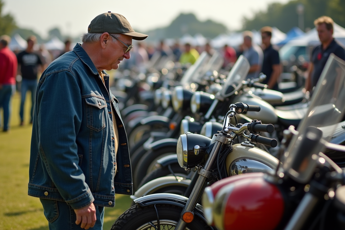 Collectionneur admirant une moto restaurée des années 50 en plein air
