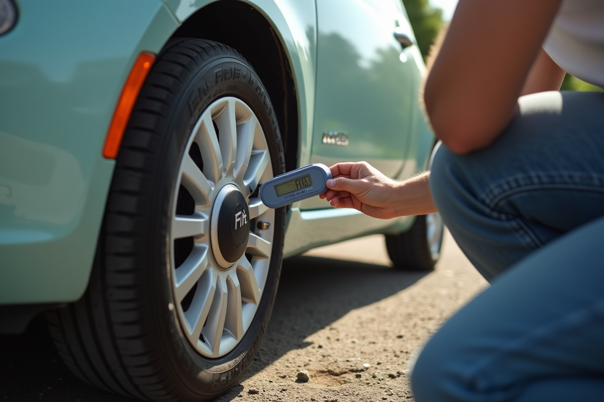 Personne vérifiant la pression du pneu d'une Fiat 500 en plein jour
