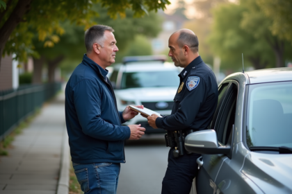 Homme d'âge moyen discutant avec un policier près d'une voiture arrêtée