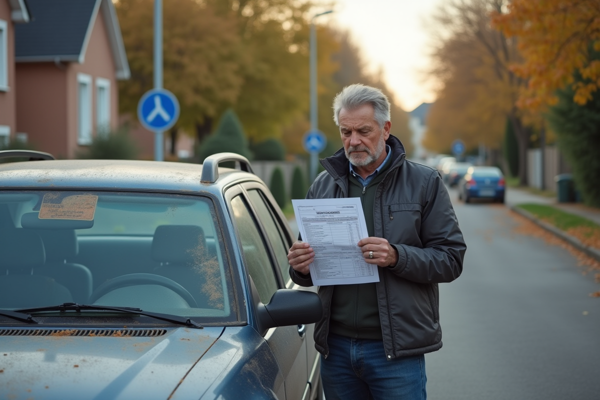 Homme examinant un rapport de contrôle technique devant sa voiture