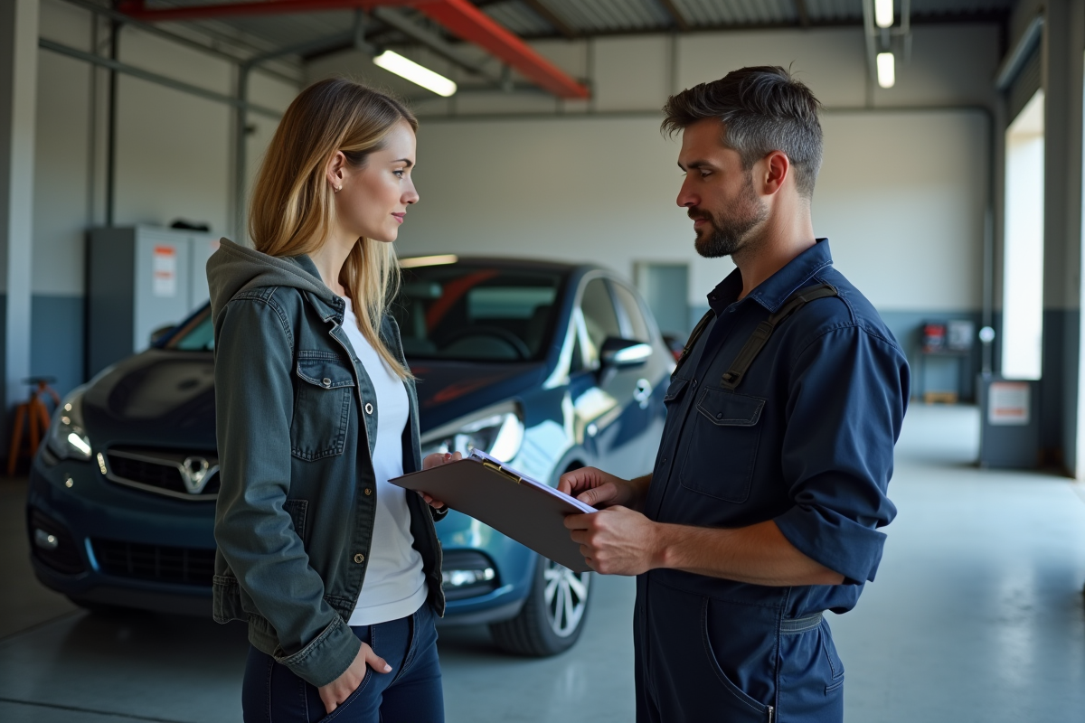 Mecanicien et conductrice discutent documents dans un garage