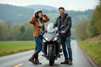 Couple souriant ajustant leur casque avec moto en nature