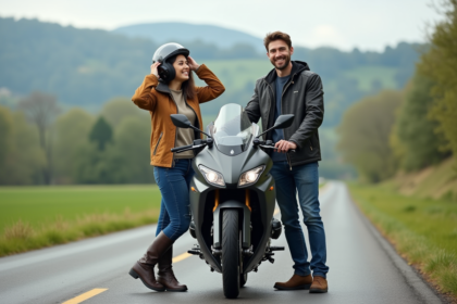 Couple souriant ajustant leur casque avec moto en nature