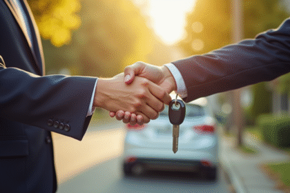Deux personnes échangent des clés de voiture dans un quartier ensoleille