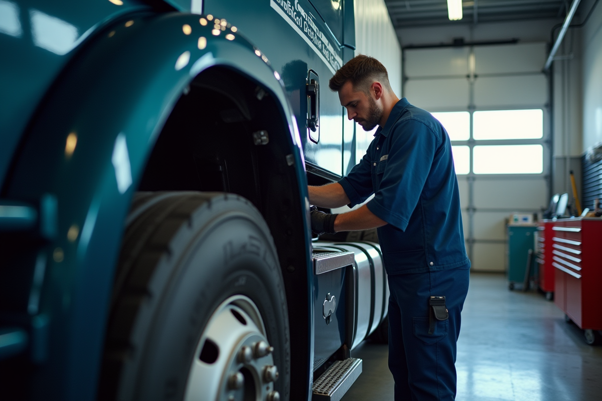 Mecanicien effectuant entretien sur un camion moderne dans un garage propre