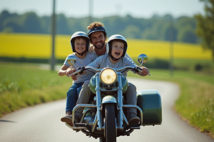 Famille heureuse en moto vintage sur route de campagne