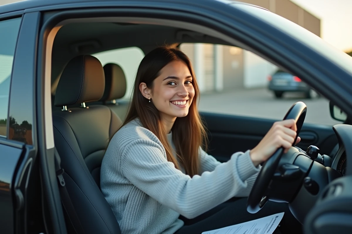 Jeune femme souriante dans sa voiture d