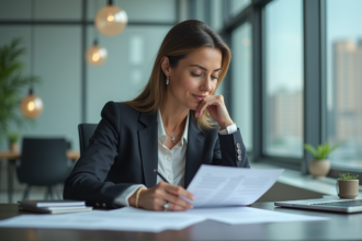 Femme en bureau examinant un contrat d'assurance auto