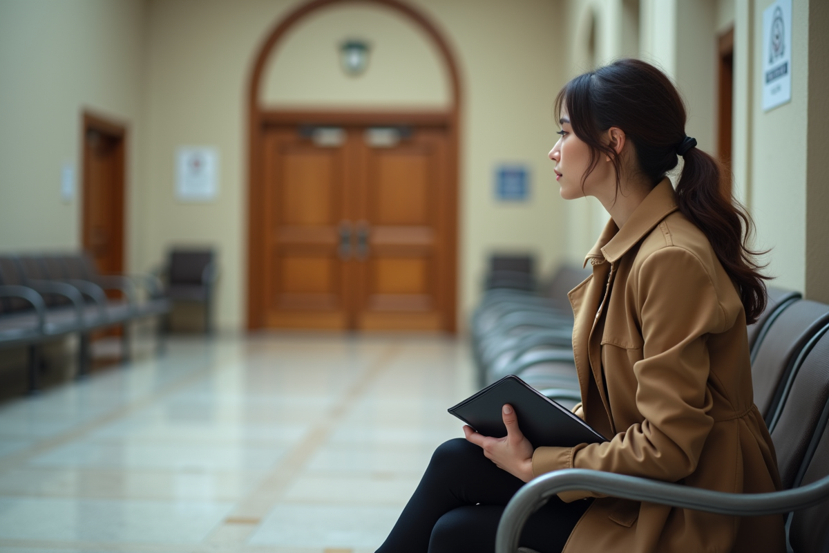 Jeune femme assise dans un hall de tribunal en attente