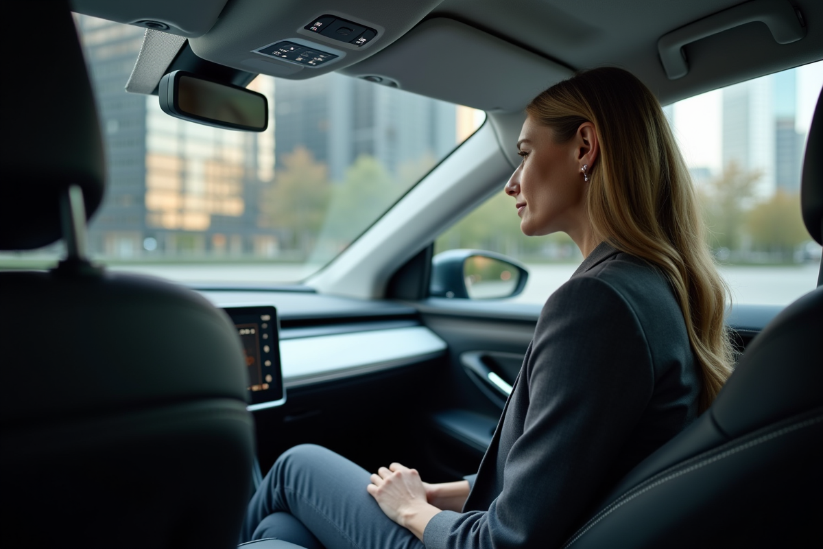 Femme d affaires dans une voiture autonome moderne