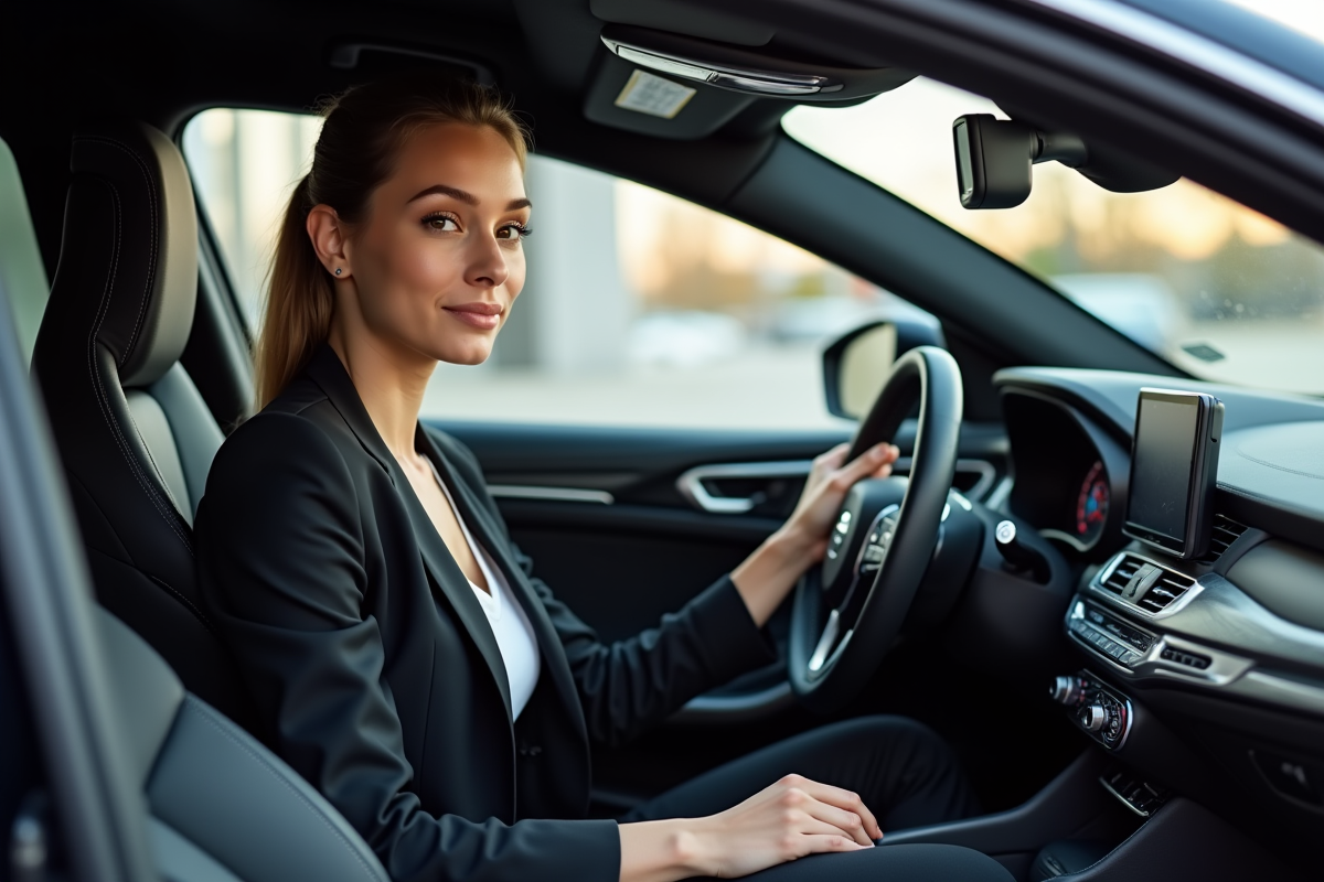 Jeune femme dans une voiture de luxe en concession urbaine