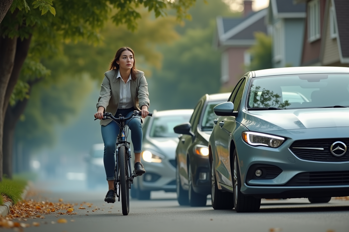 Jeune femme à vélo passant devant des voitures essence en banlieue