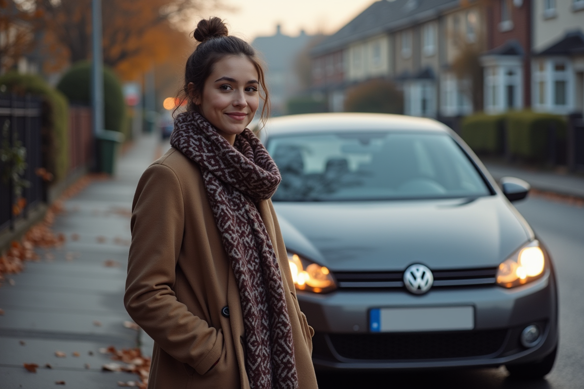 Jeune femme aidant à allumer les phares de sa voiture