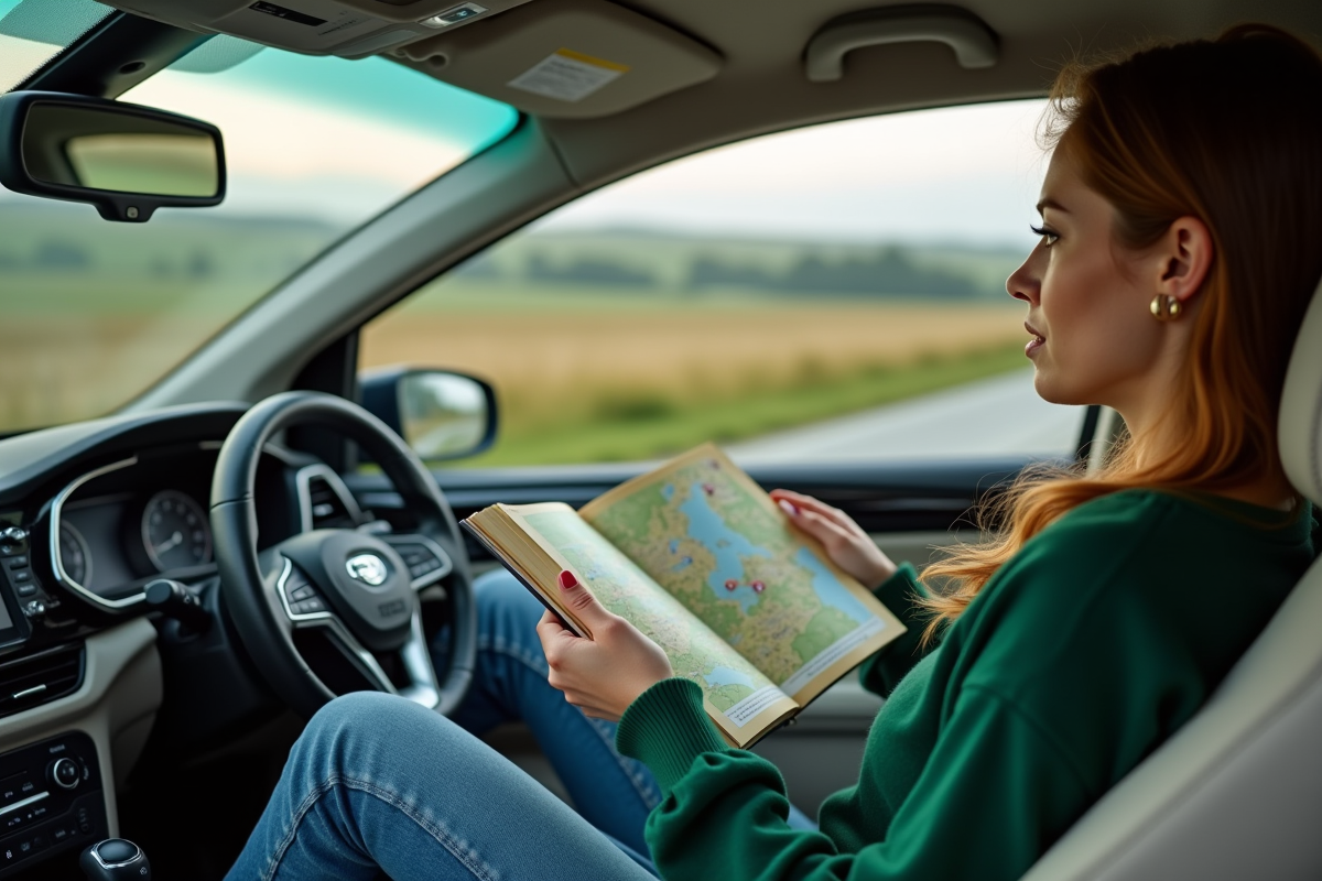 Jeune femme avec guide et GPS dans la voiture