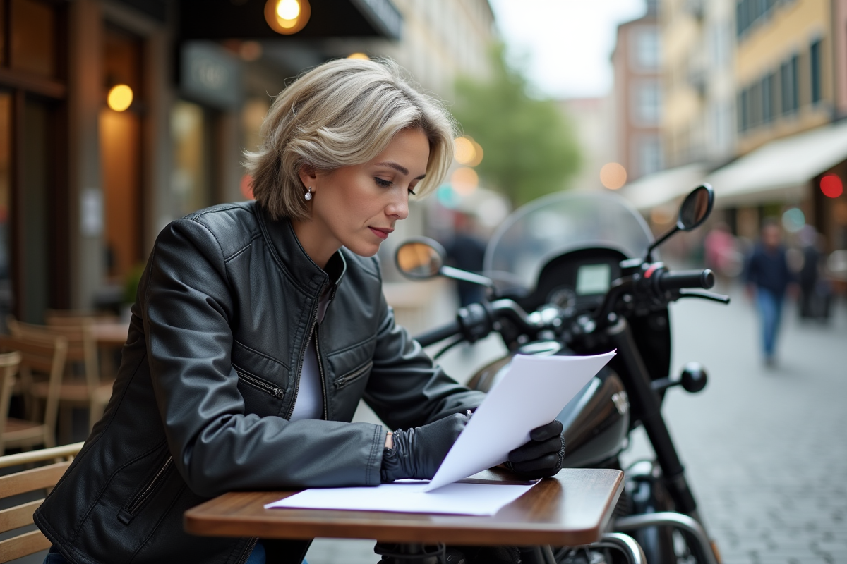 Femme en veste de moto examinant des papiers au café en ville