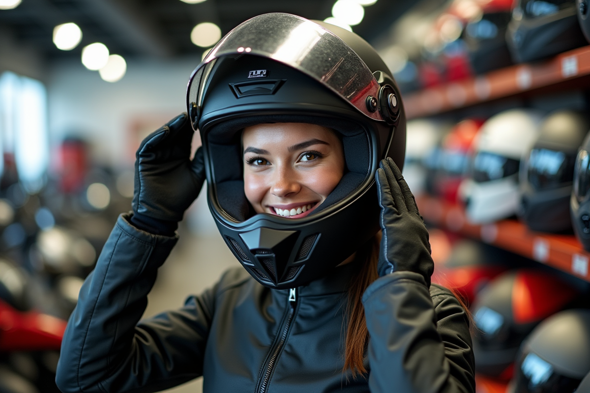 Jeune femme ajustant casque dans un showroom moto