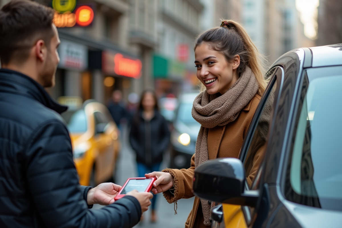Femme payant le taxi avec le conducteur dans la rue