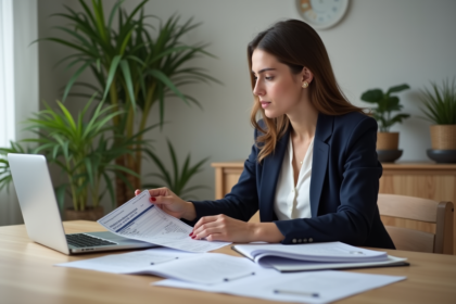 Jeune femme en bureau avec papiers et ordinateur pour carte grise