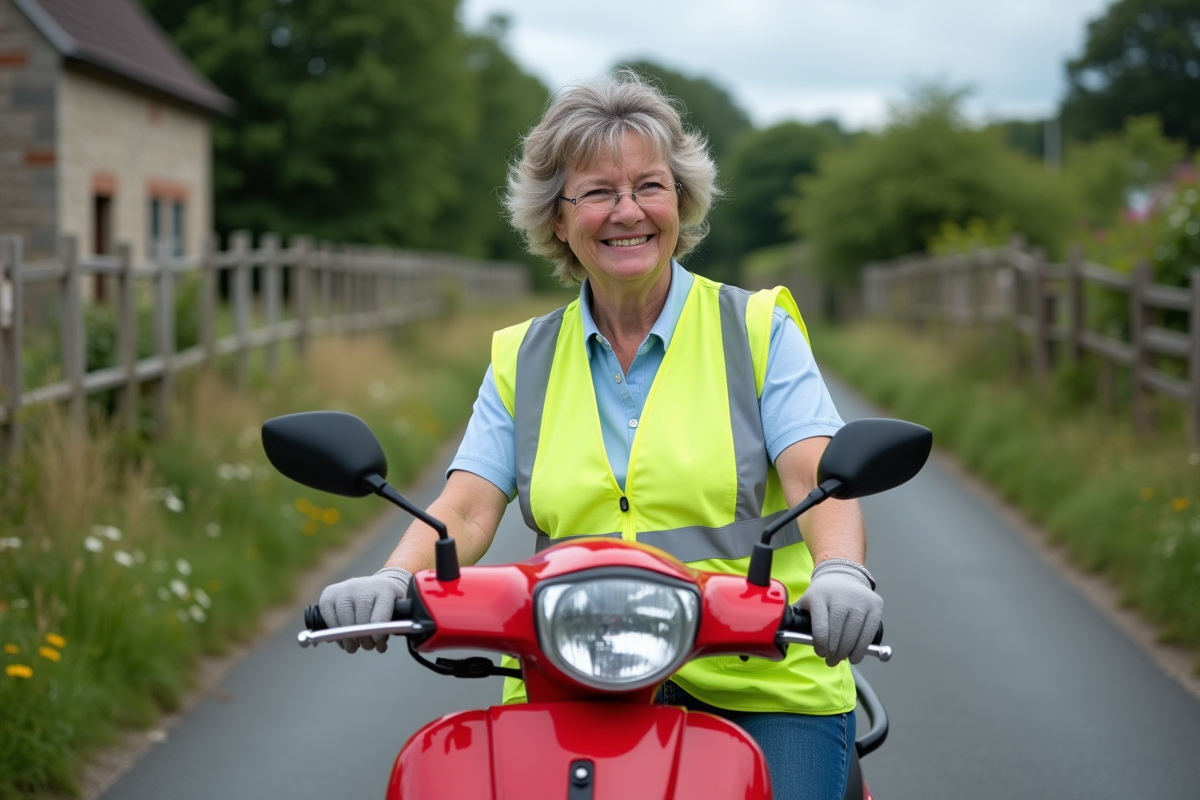 Femme en scooter rouge vérifiant papiers en campagne