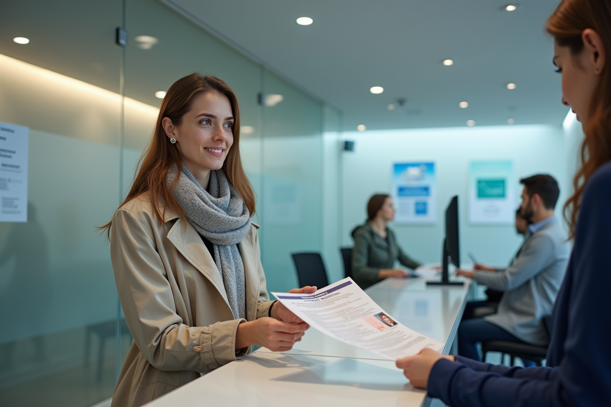 Jeune femme remettant des papiers à un agent dans un bureau administratif