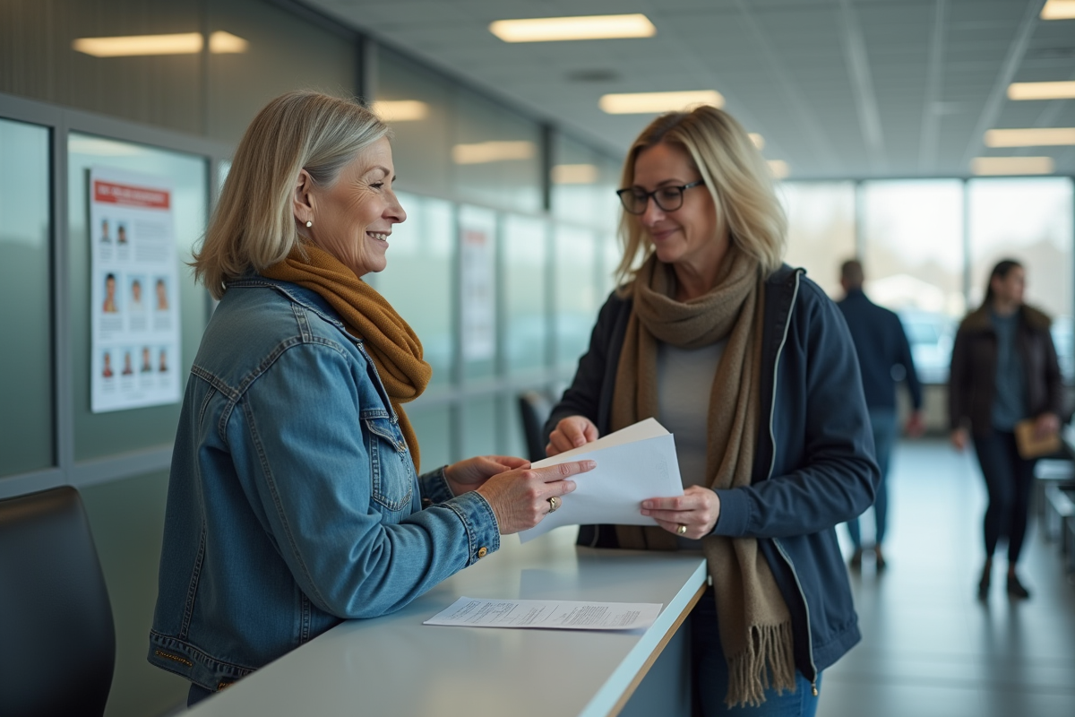 Femme au guichet de service public avec papiers en main