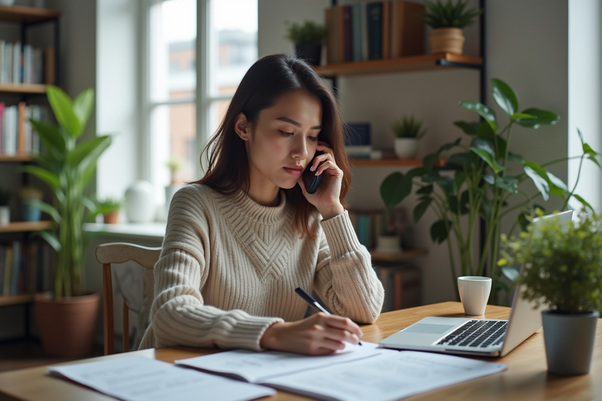 Jeune femme au téléphone dans un bureau moderne avec papiers d