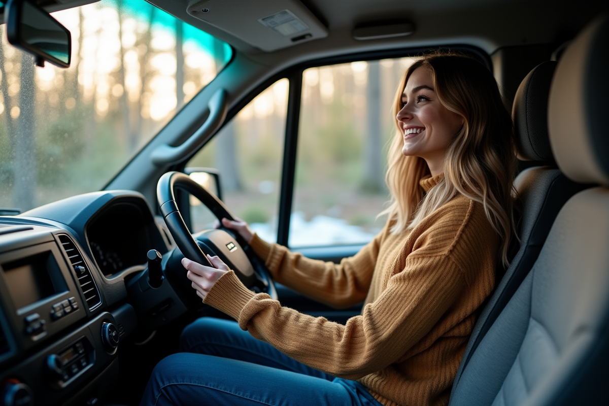 Femme dans l’intérieur d’un van avec sourire confiant
