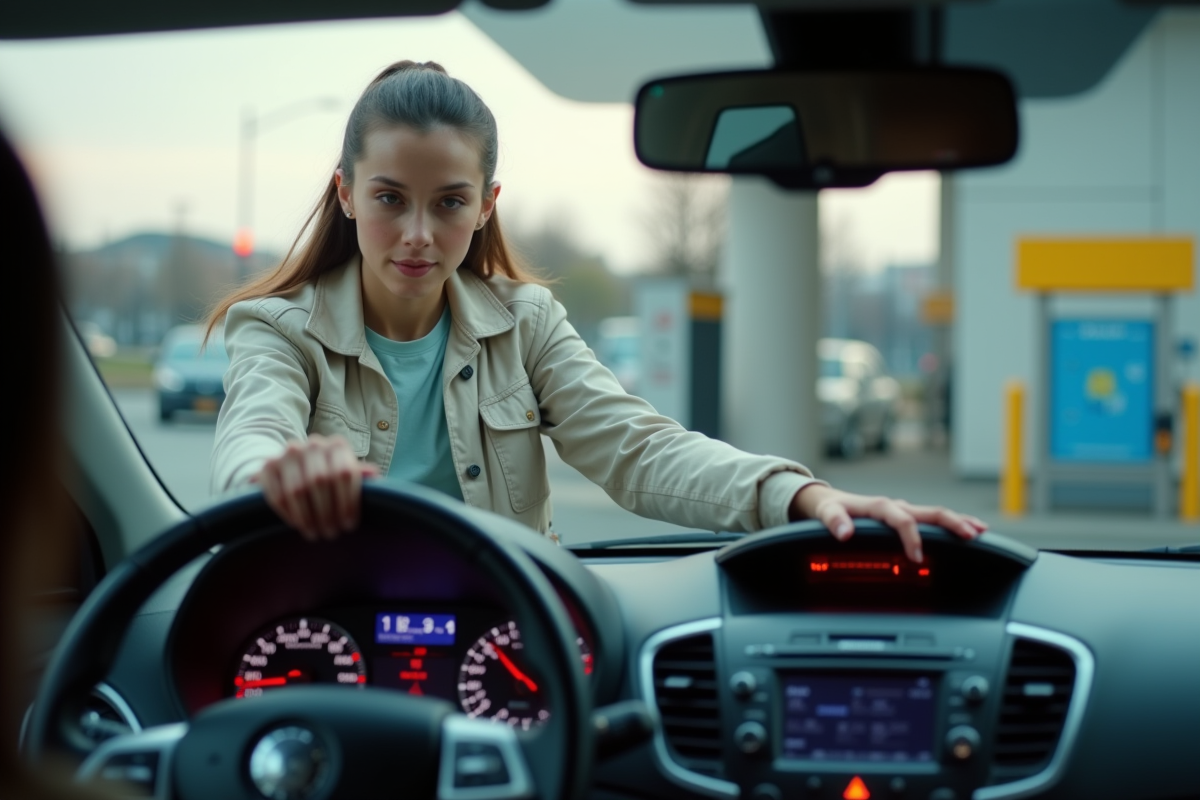 Jeune femme vérifiant le tableau de bord de sa voiture au station service