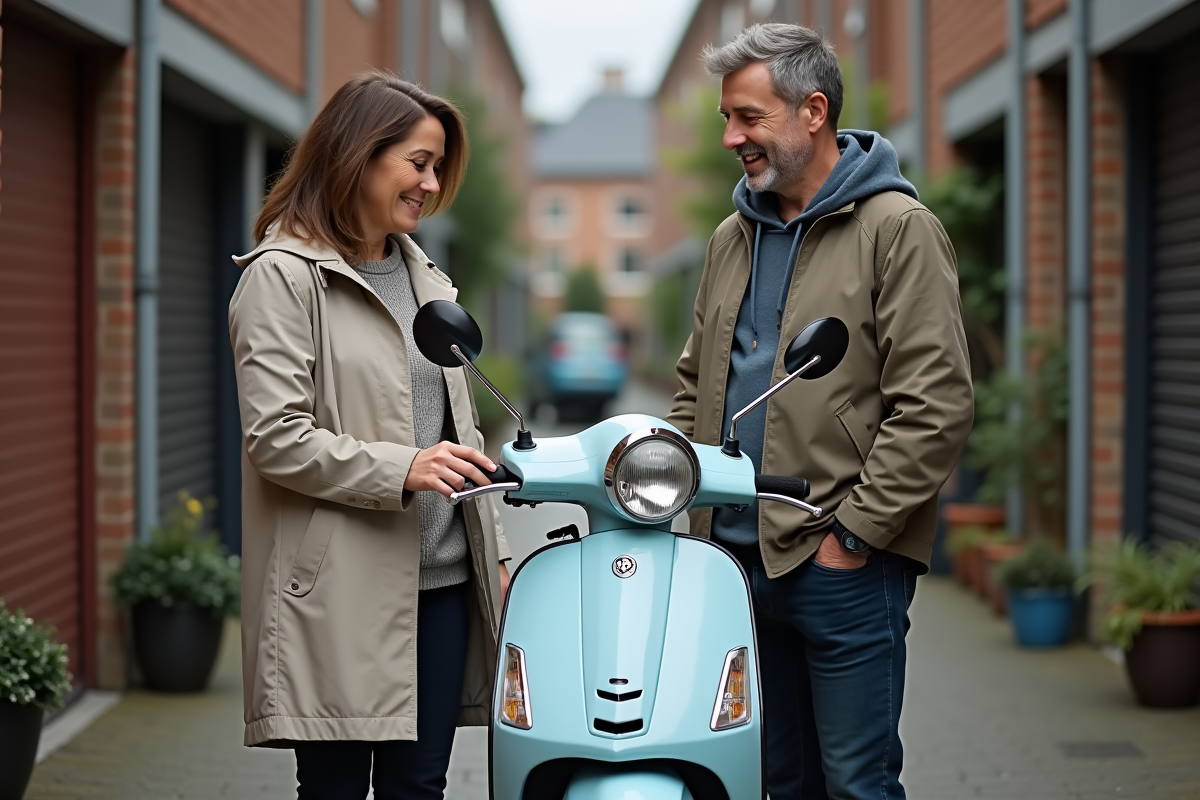 Femme inspecte un scooter dans une cour résidentielle