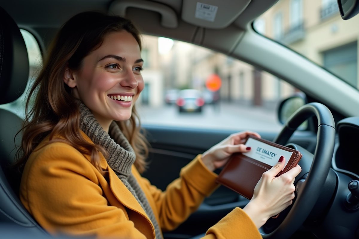 Jeune femme heureuse dans sa voiture avec son certificat d