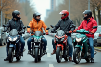 Quatre motards urbains avec motos 125cc en parking