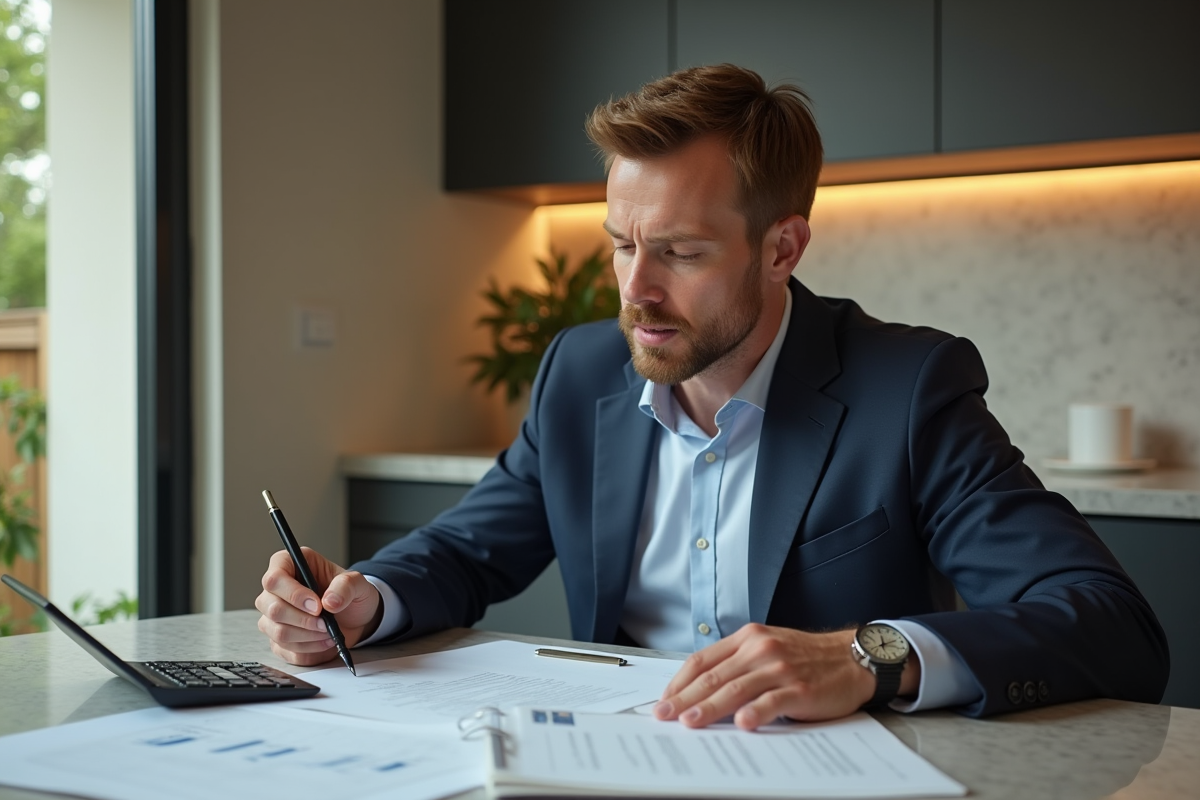 Homme d'affaires méditant avec papiers et calculatrice