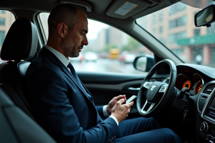 Homme d'affaires en costume dans un taxi urbain