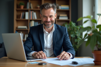 Homme d'âge moyen travaillant à son bureau avec documents et carte santé