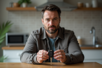 Homme tenant une clé de voiture dans une cuisine moderne