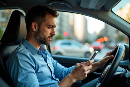 Homme au volant d'une voiture urbaine distrait par son smartphone