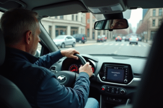 Homme d'âge moyen dans une voiture en ville en attente au feu rouge