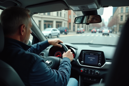 Homme d'âge moyen dans une voiture en ville en attente au feu rouge