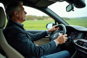 Homme d'âge moyen conduisant une voiture en campagne