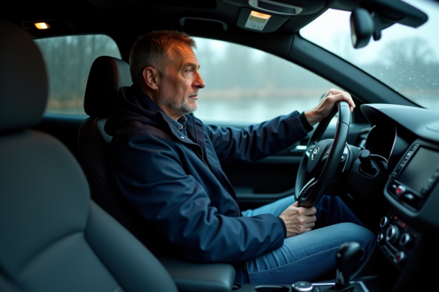 Homme en veste bleu conduit et active les feux de croisement
