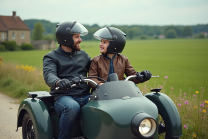 Homme d'âge moyen et adolescent en moto sidecar en campagne