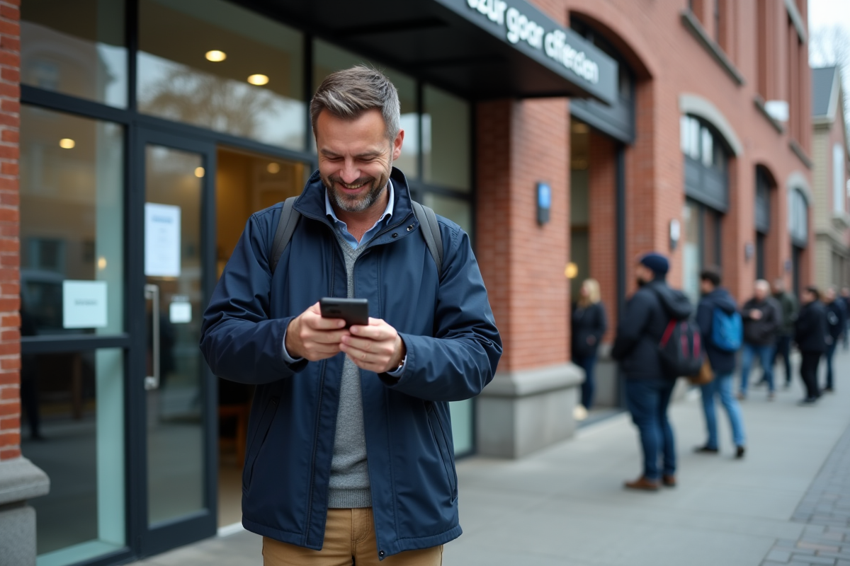 Homme vérifiant son téléphone devant un bureau de licence en ville