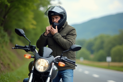Homme en veste moto et casque en plein air sur route