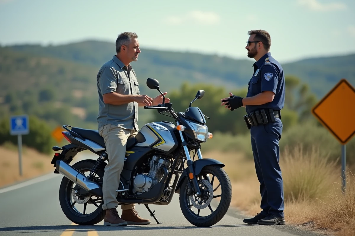 Homme discutant avec policier à côté de sa moto en campagne