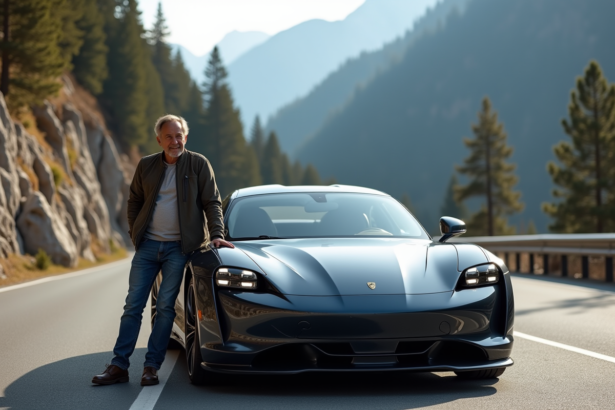 Homme en veste casual posant près d'une voiture moderne en montagne